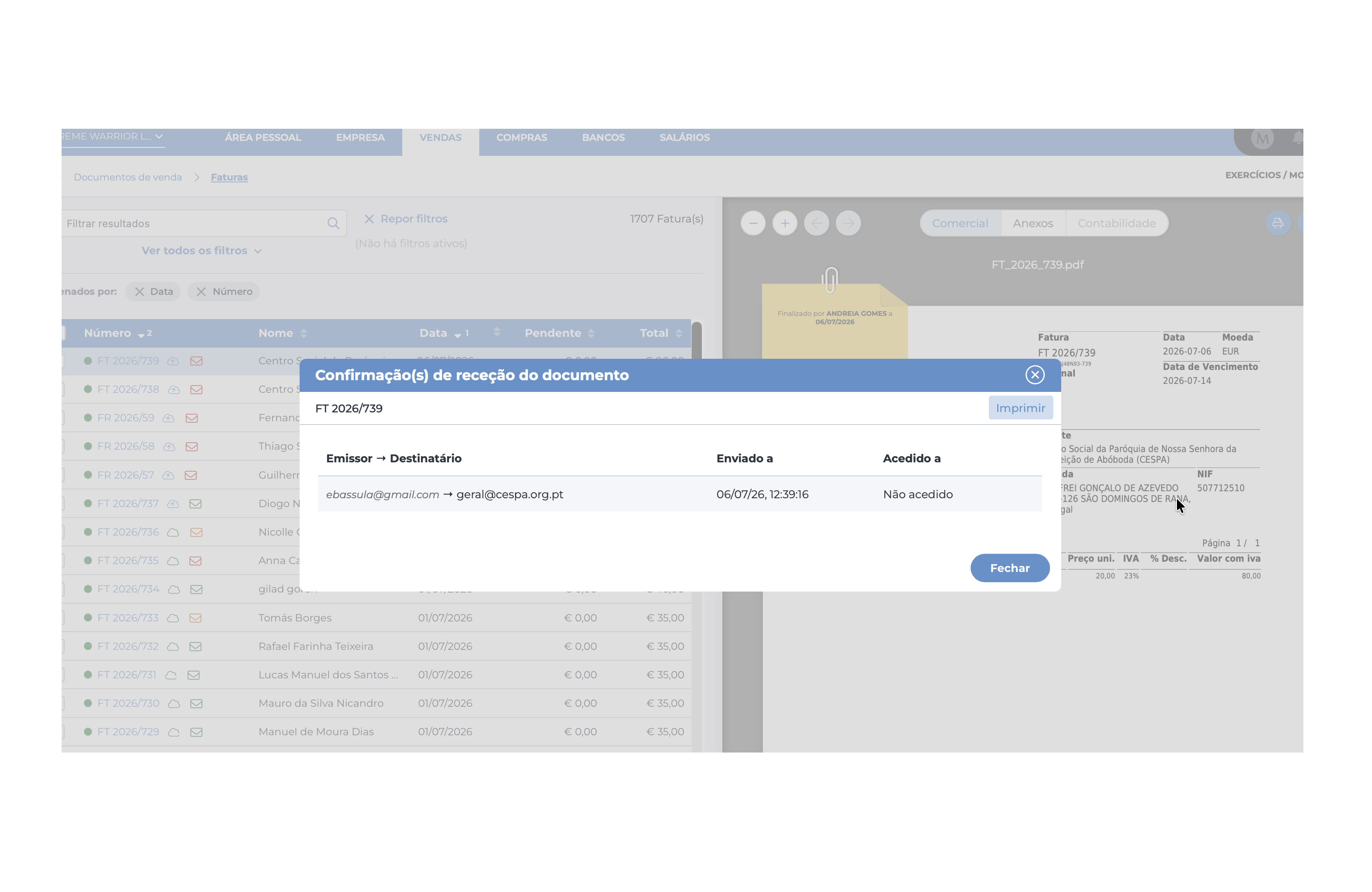Interface da automação de faturação com Cegid Cloudware